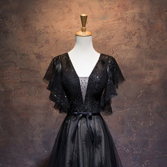 Modest Black Long A-line V-neck Black Corset Prom Dresses Chic Party Dress Outfits, Bridesmaid Dress Shops Near Me