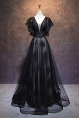 Modest Black Long A-line V-neck Black Corset Prom Dresses Chic Party Dress Outfits, Bridesmaid Dress Design