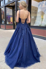 Navy Blue Appliques Long Corset Prom Dress Evening Dress outfit, Navy Blue Appliques Long Prom Dress Evening Dress