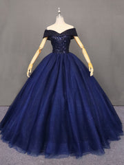 Navy Blue Tulle Beaded Corset Ball Gown Sweet 16 Dress, Blue Tulle Corset Prom Dress Party Dress Outfits, Bridesmaid Dress Affordable