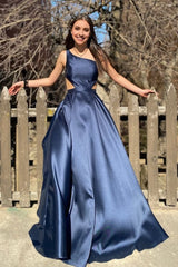 Navy One Shoulder A-Line Long Corset Prom Dress outfits, Navy One Shoulder A-Line Long Prom Dress