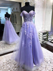 Off Shoulder Lavender Lace Long Corset Prom Dresses, Lilac Lace Corset Formal Dresses, Purple Evening Dresses outfit, Party Dresses Design