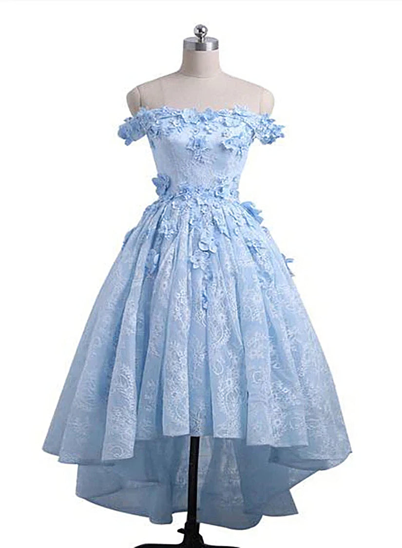 Off the Shoulder Blue Corset Prom Dresses Lace Applique, High Low Corset Prom Dress outfits, Homecomming Dresses Long