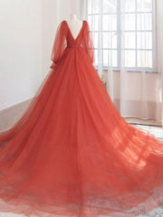 Orange v neck tulle long Corset Prom dress, orange evening dress outfit, Prom Dresse 2035