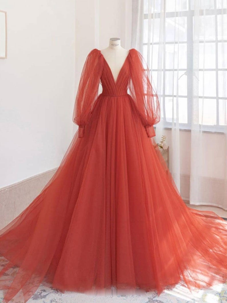 Orange v neck tulle long Corset Prom dress, orange evening dress outfit, Prom Dresses2035