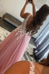 Pink A-Line Tulle Corset Prom Dress with Appliques Gowns, Pink A-Line Tulle Prom Dress with Appliques