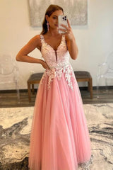 Pink A-Line Tulle Corset Prom Dress with Appliques Gowns, Pink A-Line Tulle Prom Dress with Appliques