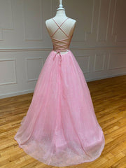 Pink A-line v neck tulle long Corset Prom dress, pink evening dress outfit, Prom Dress For Girl