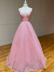 Pink A-line v neck tulle long Corset Prom dress, pink evening dress outfit, Prom Dress For Short Girl