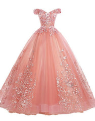 Pink Lace Flower Off Shoulder Sweet 16 Dress, Pink Long Corset Prom Dresses Quinceaner Dress Gowns, Prom Dresses 2030 Black