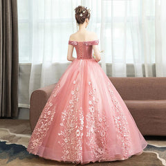 Pink Lace Flower Off Shoulder Sweet 16 Dress, Pink Long Corset Prom Dresses Quinceaner Dress Gowns, Prom Dresses 2029 Red