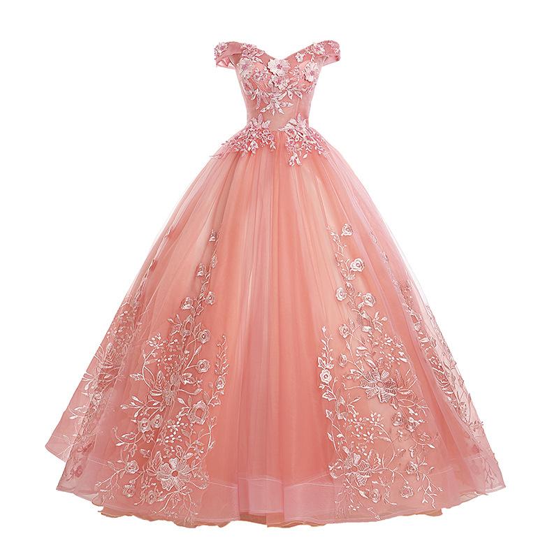 Pink Lace Flower Off Shoulder Sweet 16 Dress, Pink Long Corset Prom Dresses Quinceaner Dress Gowns, Prom Dress And Boots