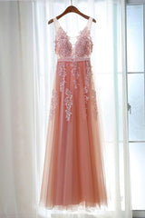 Pink Long New Corset Prom Dress, Party Dress with Lace Applique Gowns, Homecoming Dress Vintage