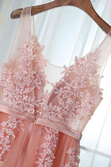 Pink Long New Corset Prom Dress, Party Dress with Lace Applique Gowns, Homecomming Dresses Vintage