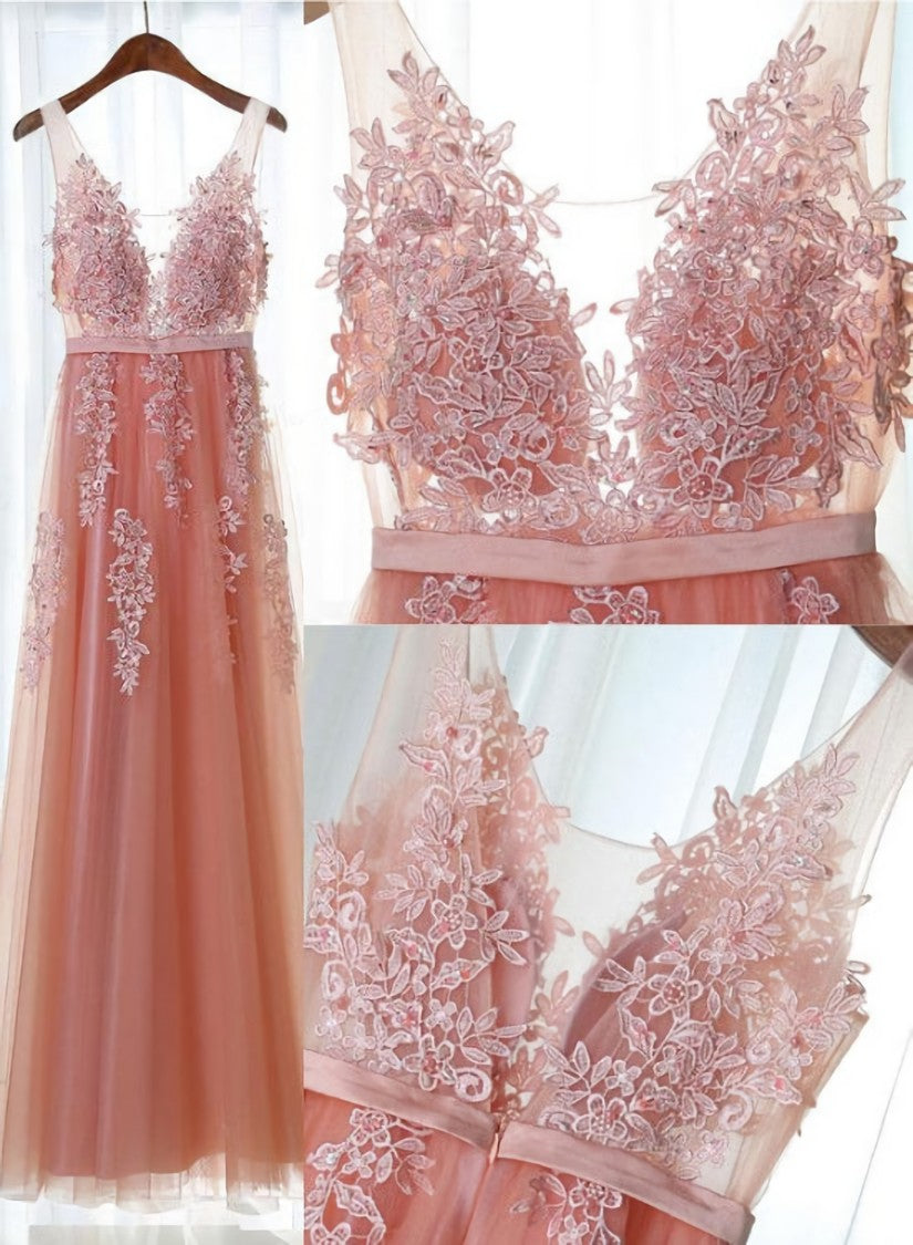 Pink Long New Corset Prom Dress, Party Dress with Lace Applique Gowns, Homecoming Dresses Vintage