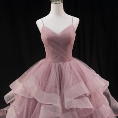 Pink Sweetheart Tulle Long Evening Dress Corset Prom Dress, Pink Sweet 16 Gown outfit, Evening Dress Style