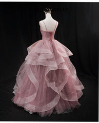 Pink Sweetheart Tulle Long Evening Dress Corset Prom Dress, Pink Sweet 16 Gown outfit, Evening Dress Styles