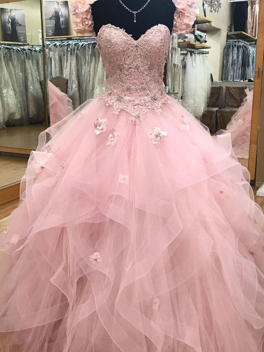 Pink Sweetheart Tulle Long Corset Prom Dress,Ball Gown sweet 16 dresses,Princess Quinceanera Dresses outfit, Prom Dress Sales