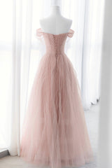 Pink Tulle Long A-Line Corset Prom Dresses, Pink Evening Dresses with Bow outfit, Party Dress Designer