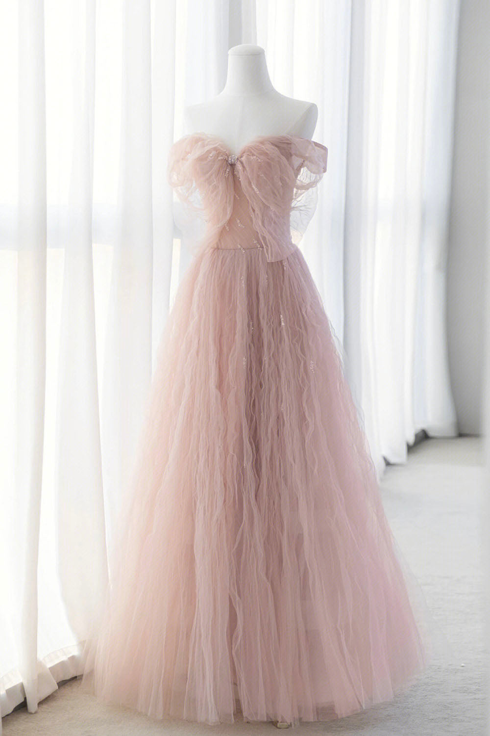 Pink Tulle Long A-Line Corset Prom Dresses, Pink Evening Dresses with Bow outfit, Party Dress Code