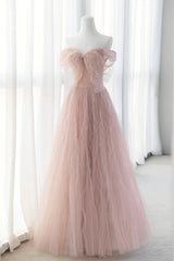 Pink Tulle Long A-Line Corset Prom Dresses, Pink Evening Dresses with Bow outfit, Party Dress Code