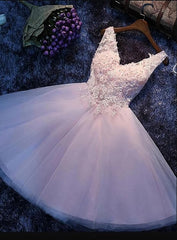 Pink V-neckline Flowers and Lace Applique Party Dress, Short Corset Prom Dress outfits, Evening Dress Dresses