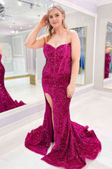 Plus Size Sweetheart Neck Fuchsia Sequined Mermaid Corset Prom Dress With Sweep Train outfits, Plus Size Sweetheart Neck Fuchsia Sequined Mermaid Prom Dress With Sweep Train
