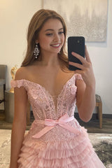 Princess A Line Off the Shoulder Light Pink Long Corset Prom Dress with Ruffles Gowns, Princess A Line Off the Shoulder Light Pink Long Prom Dress with Ruffles