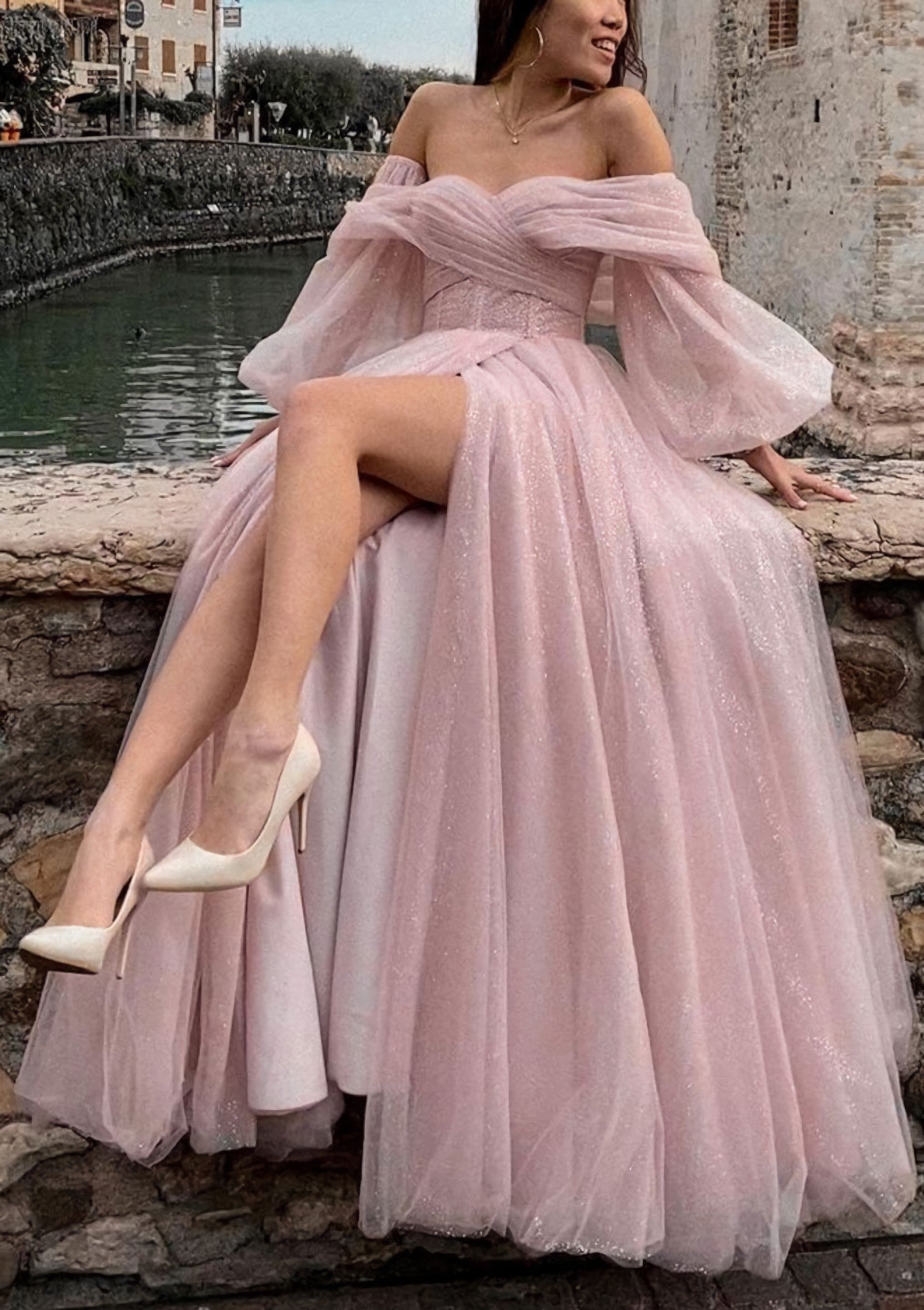 Princess Off-the-Shoulder Sweep Train Tulle Corset Prom Dress With Pleated Split outfit, Prom Dress 2014