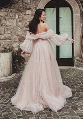 Princess Off-the-Shoulder Sweep Train Tulle Corset Prom Dress With Pleated Split outfit, Prom Dresses Dresses