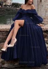 Princess Off-the-Shoulder Sweep Train Tulle Corset Prom Dress With Pleated Split outfit, Prom Dress Dresses