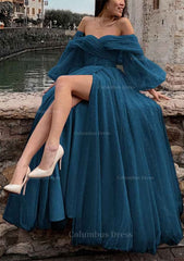 Princess Off-the-Shoulder Sweep Train Tulle Corset Prom Dress With Pleated Split outfit, Prom Dresses Dress