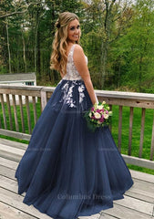Princess V Neck Sweep Train Tulle Corset Prom Dress With Appliqued Gowns, Simple Wedding Dress