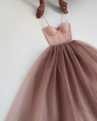 Dusty Rose A-Line Tulle Floor Length Spaghetti Straps Sweetheart Evening Party Dresses Corset Prom Dresses outfit, Bridesmaid Dresses Mismatched