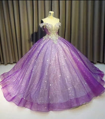 Purple Off The Shoulder Corset Ball Gown Bling Bling Corset Prom Dress outfits, Bridesmaid Dresses Short