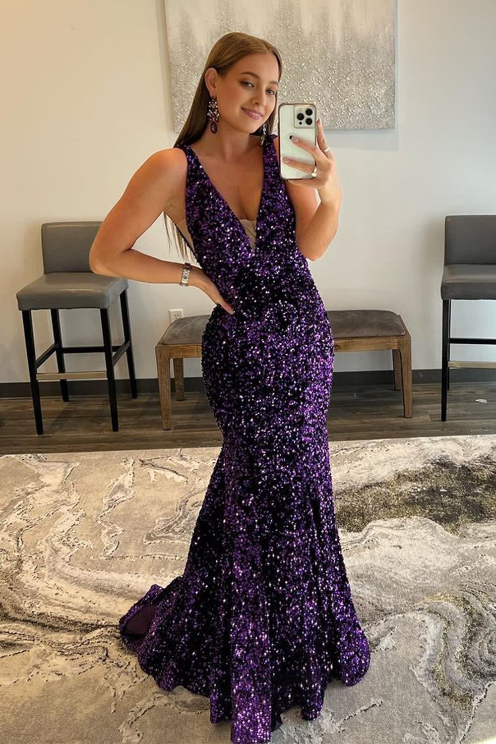Purple Sequins Corset Prom Dress outfits, Purple Sequins Prom Dress