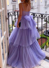 Purple Tulle A-line Spaghetti Straps Corset Prom Dresses, Long Corset Formal Dress,dresses for party events outfit, Tulle Dress