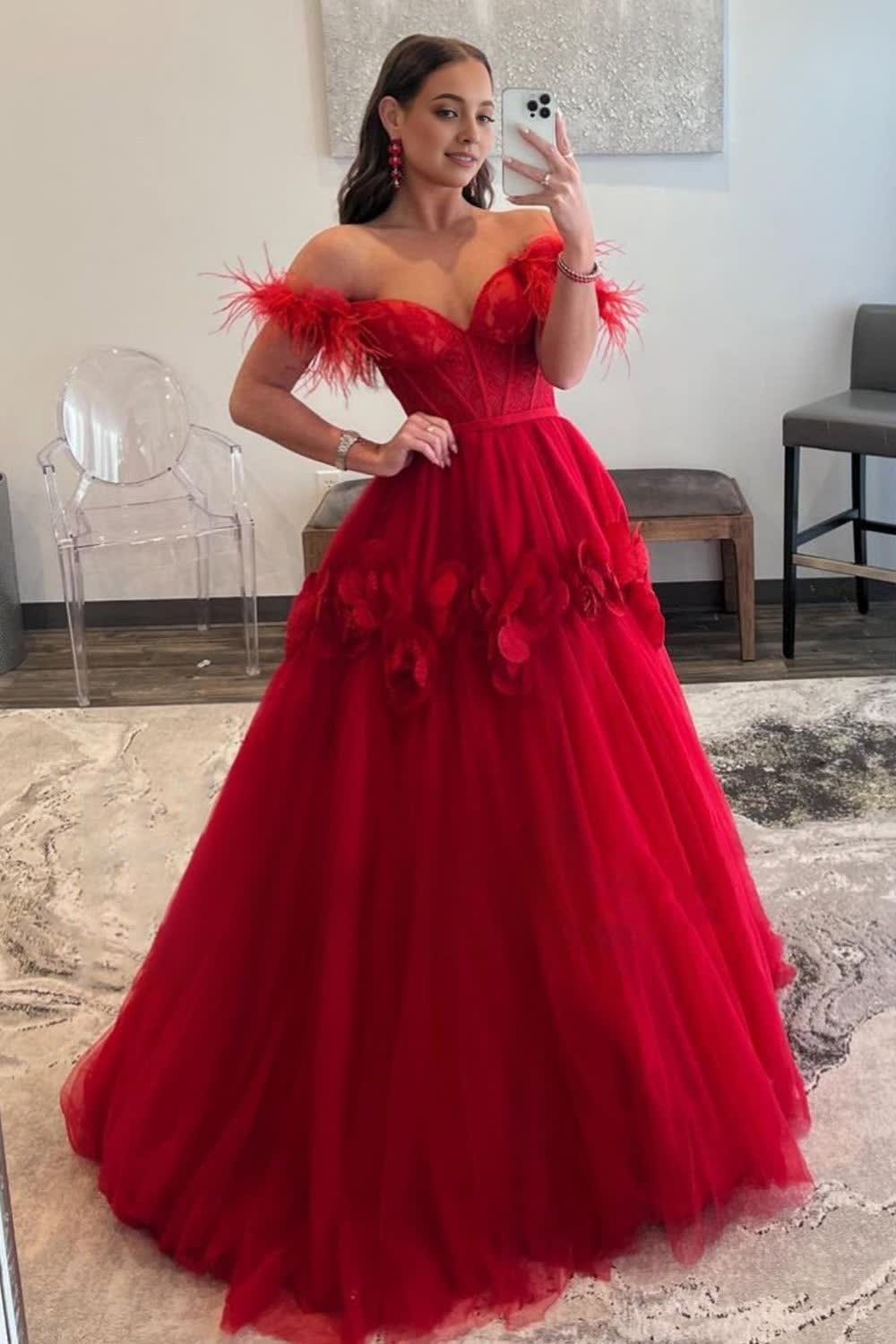 Red A-Line Corset Long Corset Prom Dress with 3D Flowers outfit, Red A-Line Corset Long Prom Dress with 3D Flowers