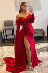 Red Detachable Long Sleeves Long Corset Prom Dress with Feathers outfit, Red Detachable Long Sleeves Long Prom Dress with Feathers