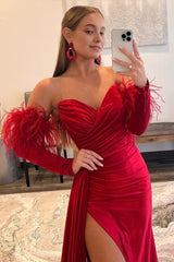 Red Detachable Long Sleeves Long Corset Prom Dress with Feathers outfit, Red Detachable Long Sleeves Long Prom Dress with Feathers