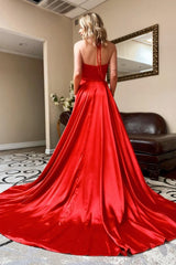 Red Halter V-Neck A-Line Simple Corset Prom Dress with Pockets Gowns, Red Halter V-Neck A-Line Simple Prom Dress with Pockets