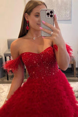 Red Off the Shoulder A-Line Princess Corset Prom Dress outfits, Red Off the Shoulder A-Line Princess Prom Dress