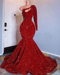 Red Sequined Black Girls Mermaid Corset Prom Dresses One Shoulder Long Sleeve Evening Gowns outfit, Prom Dresses Red