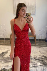 Red Sequins Glitter Corset Prom Dress with Slit Gowns, Red Sequins Glitter Prom Dress with Slit