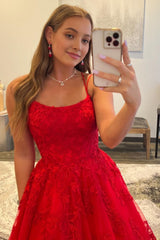 Red Spaghetti Straps Long Corset Prom Dress with Appliques Gowns, Red Spaghetti Straps Long Prom Dress with Appliques