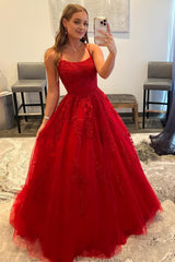 Red Spaghetti Straps Long Corset Prom Dress with Appliques Gowns, Red Spaghetti Straps Long Prom Dress with Appliques