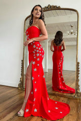 Red Strapless Mermaid Long Corset Prom Dress with Stars outfit, Red Strapless Mermaid Long Prom Dress with Stars