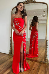 Red Strapless Mermaid Long Corset Prom Dress with Stars outfit, Red Strapless Mermaid Long Prom Dress with Stars