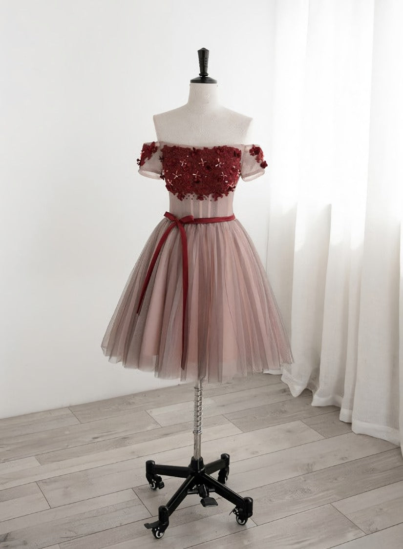 Red Tulle Beaded and Lace Short Party Dresses, Off Shoulder Corset Prom Dresses outfit, Prom Dress Dresses
