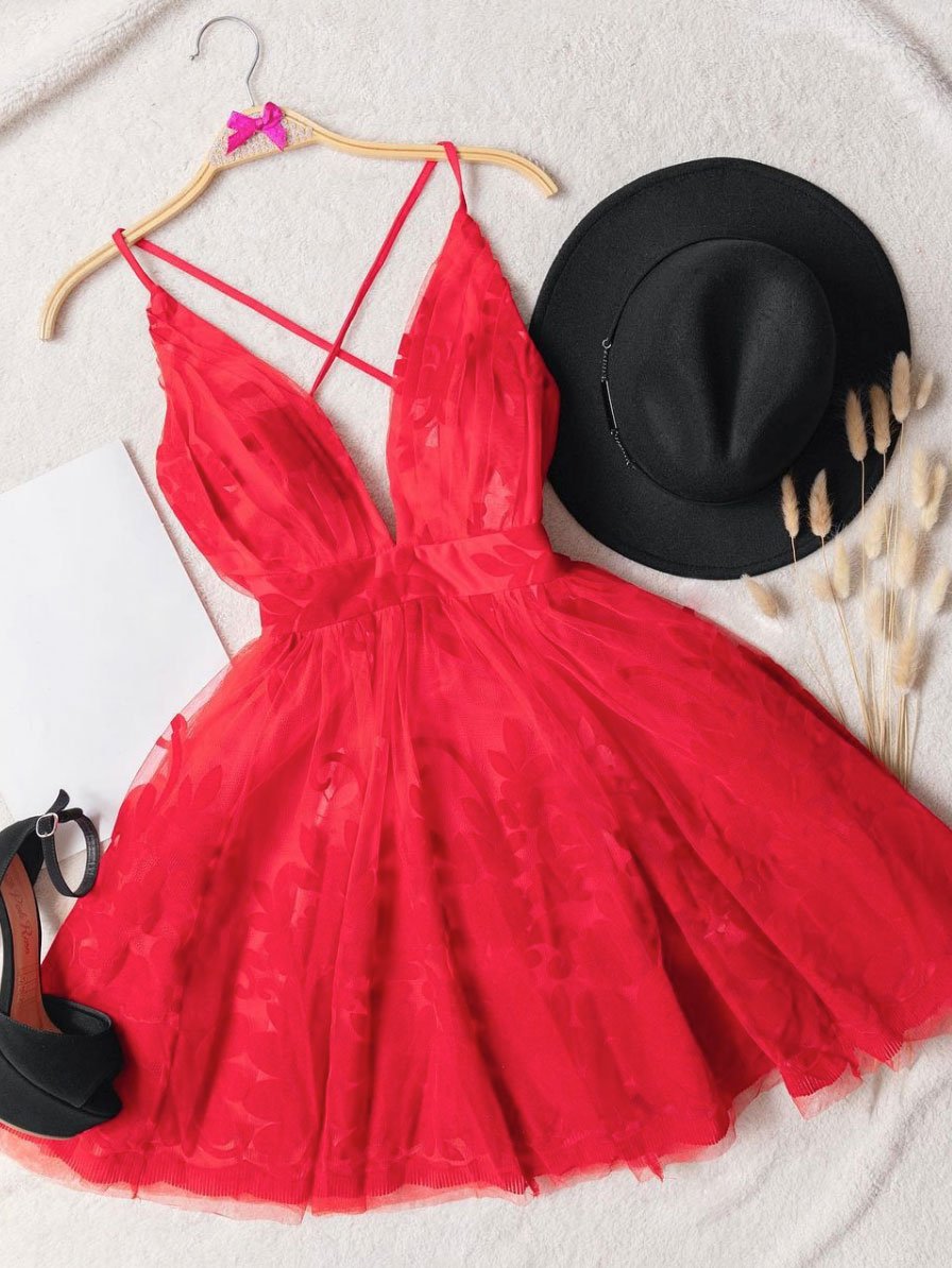 Red v neck tulle lace short Corset Prom dress,Mini Corset Homecoming dress cocktail dress outfit, Dress